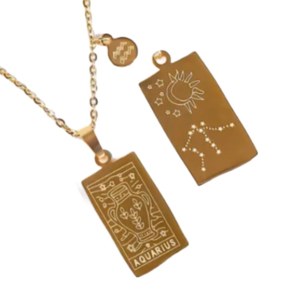 Aquarius Zodiac Pendant Necklace 18K Gold Electro-Plated Stainless Steel - Gold